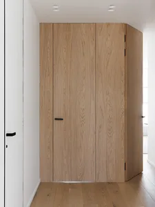 A minimalist closet made of wood.