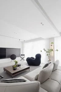 Modern minimalist living room featuring black furniture and a white sofa, with a black armchair, a wooden coffee table, and a