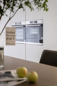 現代極簡廚房，配有金屬白櫥櫃、Bosch 烤箱及綠植。
