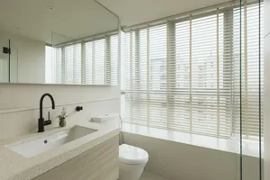 Minimalist bathroom featuring a concrete countertop sink and a toilet with a window covered by light-colored blinds.