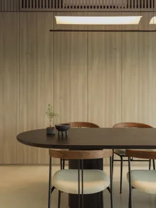 Modern dining room with wooden furniture and a potted plant on the table.