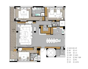 Modern living room with neutral color palette featuring a central open area with a sofa and chairs.