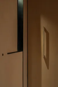 A contemporary steel door handle mounted on a brown wooden surface with a rectangular cutout detail.