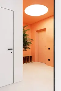 A modern entrance hall with orange walls and a white floor, featuring a large planter with greenery and minimalist furniture.
