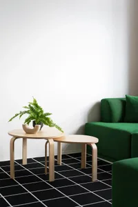 Modern living room with green couch and wooden side tables.