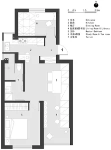Modern minimalist apartment layout with a clean, organized design.