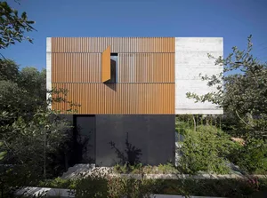 Modern residential exterior featuring a combination of wood and concrete materials.