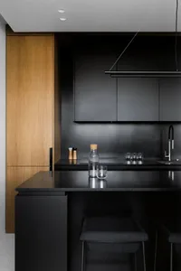 A modern black kitchen with wooden cabinets, black countertops, and minimalist design.