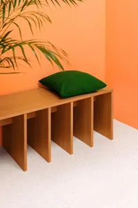 Wooden bench with a green cushion and a potted plant in the background.