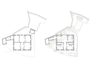Floor plan showing the ground floor layout of a modern house, with neutral color palette and minimalist design.
