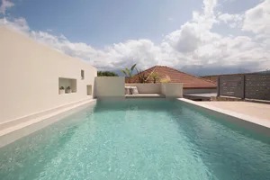 Modern concrete swimming pool with serene water surface.