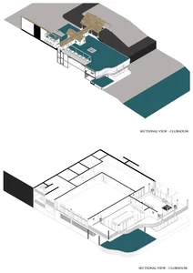 Isometric view of a modern clubhouse with a waterfront location.