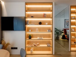 Modern living room with illuminated wooden shelves, a flat-screen TV, and a cozy atmosphere.