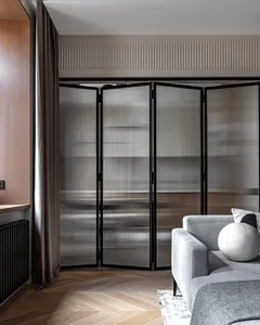 A modern minimalist living room featuring textured glass doors on a sliding partition, wood flooring, and a cozy seating area