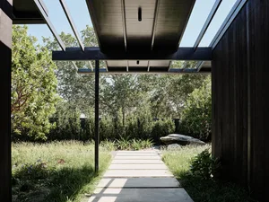 A minimalist patio featuring concrete pathways and wooden structures surrounded by lush greenery and trees.