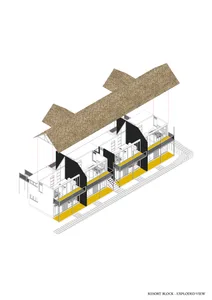 Exploded view of a resort block with a thatched roof, showcasing architectural design and spatial composition.