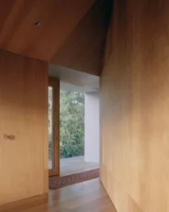 A minimalist entryway with wooden walls and flooring, featuring a view of the outdoors through a glass door.