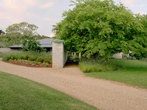 Concrete driveway, greenery, and modern house exterior.