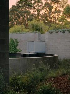 A modern minimalist landscape featuring a circular concrete edge with a water feature and lush greenery.
