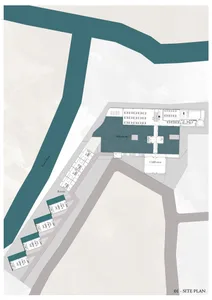 Floor plan of a residential development featuring a waterbody.