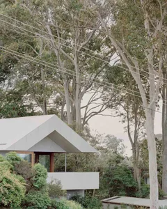 Modern house with a wooden exterior surrounded by trees and power lines.