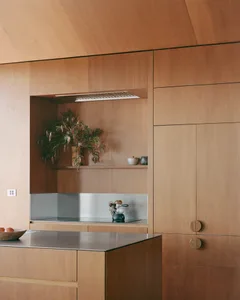 Modern minimalist kitchen with wooden cabinets and stainless steel appliances, featuring a plant and a kettle on the counter.
