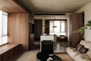 A modern living room with walnut wood features and a cozy atmosphere.