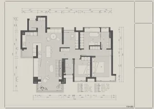 Floor plan of a modern residential interior with living, dining, kitchen, bedroom, and bathroom spaces.
