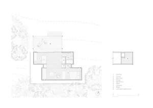 Industrial residential floor plan showing kitchen, living, bedroom, study, bathroom, deck, laundry, robe, and loft over the b