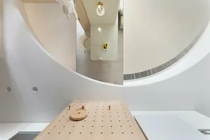 A modern bathroom with wood flooring and minimalistic design elements.