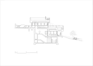 2D architectural drawing of a modern house showing various rooms and outdoor areas.