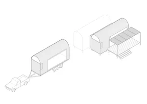 Isometric line drawing of two transportable metal trailers, one being towed by a pickup truck.