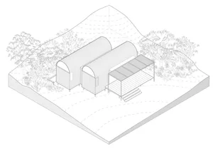 Isometric drawing of a residential shed with a metal roof and a verandah area.