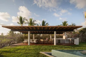 Modern outdoor living space with a bamboo roof, wooden furniture, and a poolside area.