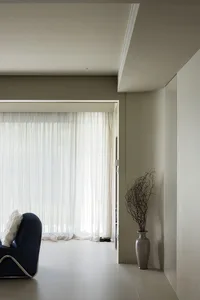 Modern living room featuring transparent fabric curtains allowing natural light to filter in.