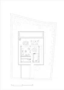 Detailed 2D architectural drawing of a modern residential floor plan with concrete finishes, glass walls, and wooden elements