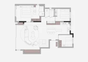 Modern minimalist residential floor plan with open layout, neutral color palette, and sleek design elements.