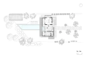 Floor plan of a modern house with glass features.