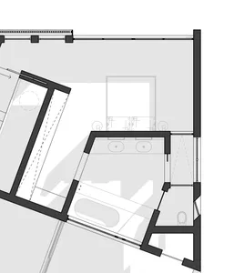 2D architectural drawing of a modern bathroom with glass and tiled surfaces.