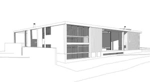 3D rendering of a modern building with concrete walls and glass windows