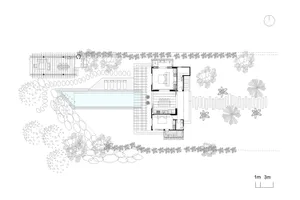 A black-and-white architectural floor plan depicting a modern house with a swimming pool and patio area.