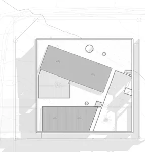 Floor plan of a modern interior space with black and white color scheme.