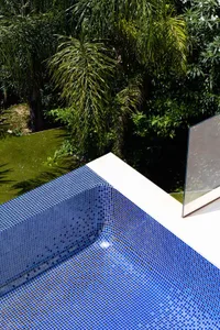 A modern pool with blue tiles surrounded by lush greenery.