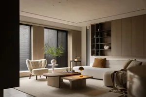 Modern minimalist living room featuring wooden furniture, fabric upholstery, and glass elements