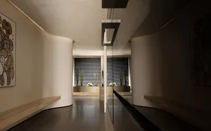 Modern, minimalist corridor with concrete walls and floor, featuring cactus plants in the background.