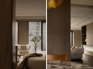 A modern residential interior with neutral tones and minimalist design elements.