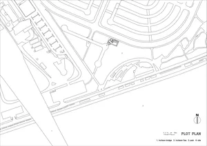 Line drawing of a site layout plan with various labeled sections and a compass rose indicating orientation.