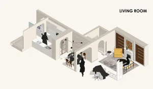 An isometric rendering of a living room with furniture, a fireplace, and a piano.