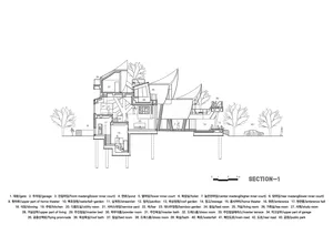 An architectural section plan of a modern house showcasing various rooms and spaces.