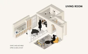 A modern living room with minimalist furniture, a large window, and a comfortable seating area.